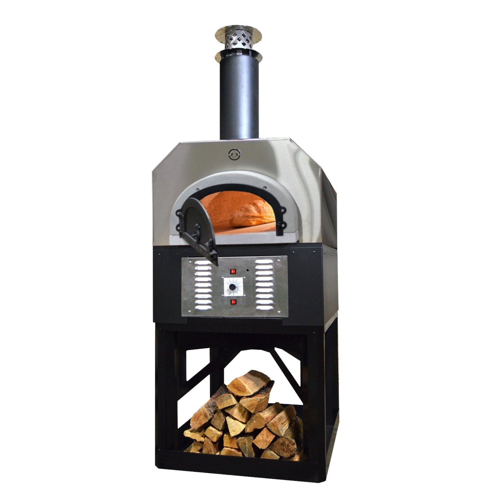 Chicago Brick Oven CBO-750 Hybrid Pizza Oven (Commercial) with Hood & Black Base Stand CBO-O-STD-750-HYB-C